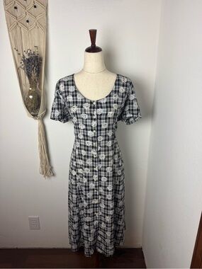 Black & White Plaid Floral Button-Front Midi Dress